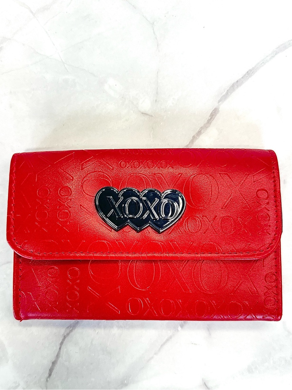 XOXO Red Embossed Trifold Wallet – Vibrant Cherry Red
